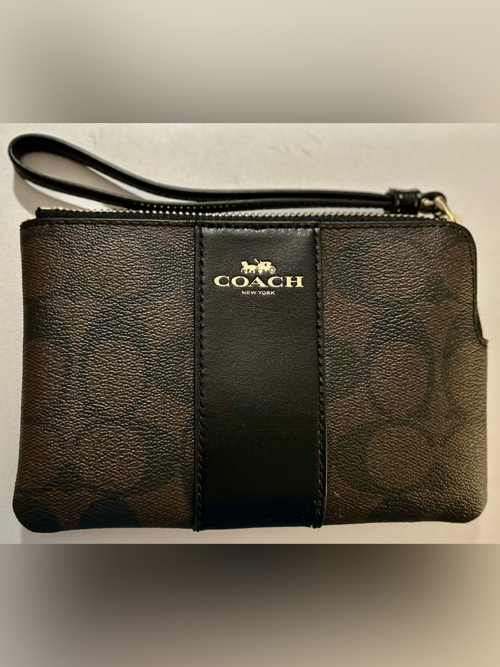 Coach Wristlet- Brown and Black Signature Canvas Leather